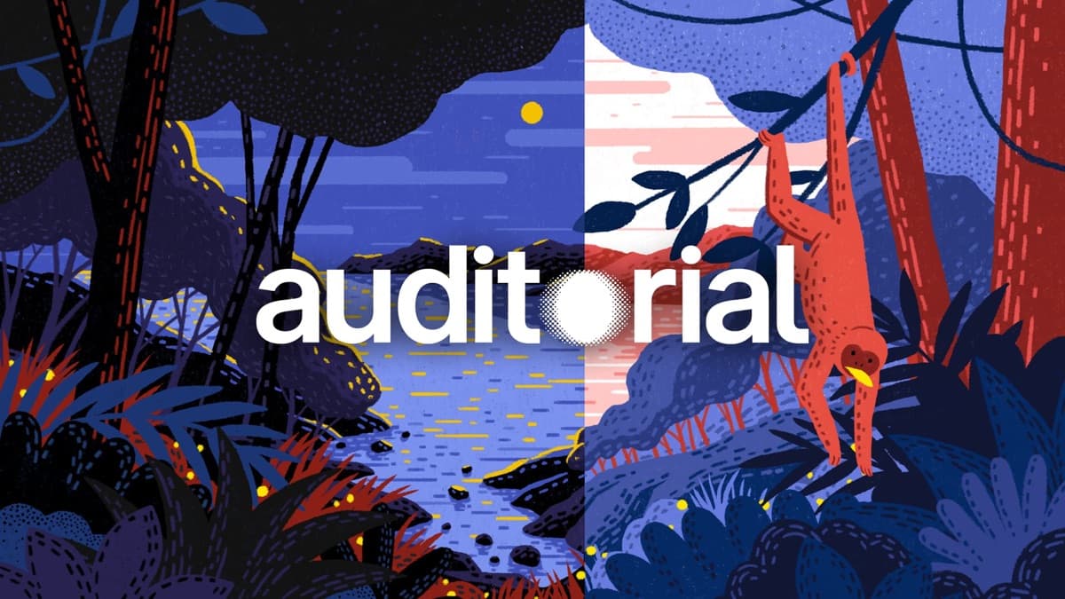 Auditorial title art: an illustrated jungle with a howler monkey