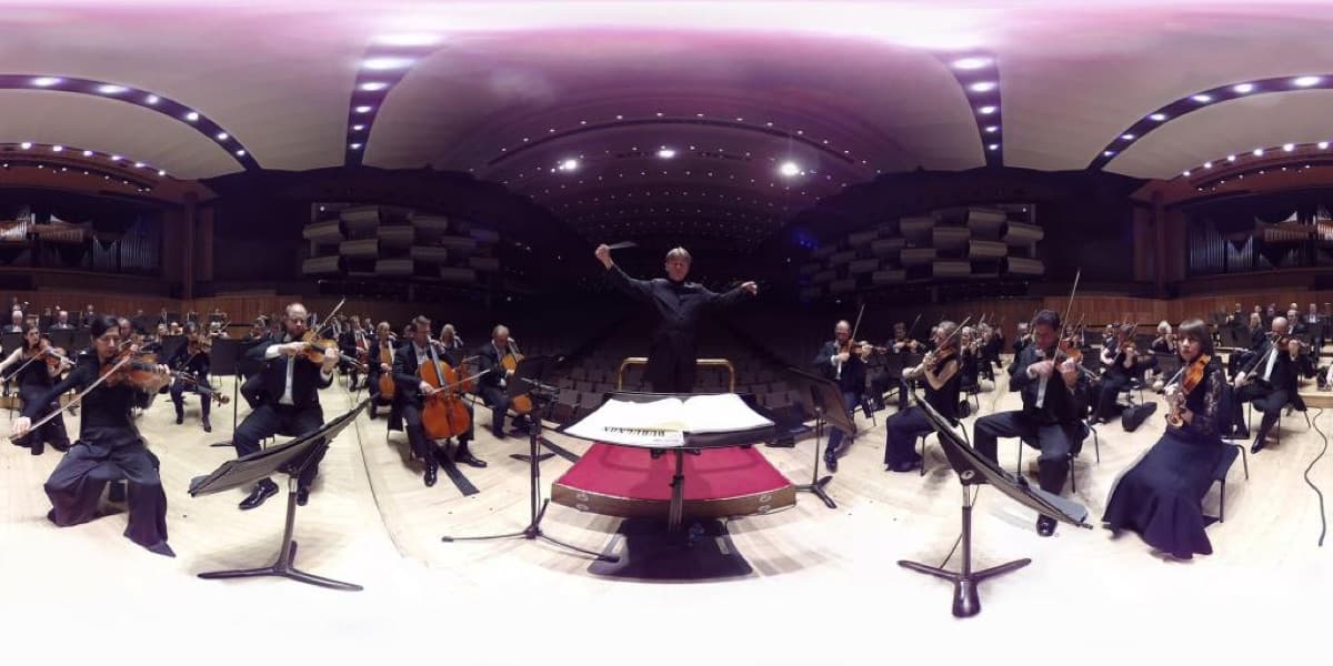 A 360-degree view of the Philharmonia Orchestra performing in the Royal Festival Hall